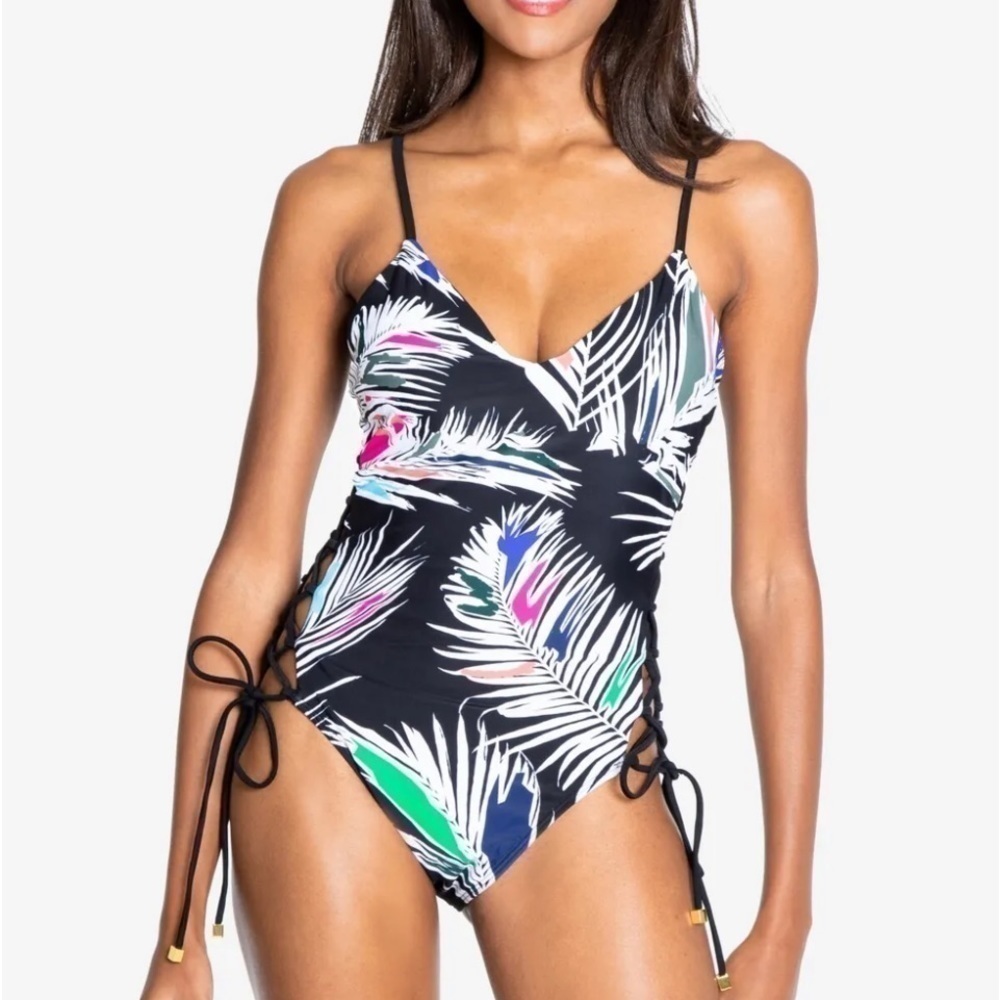 RACHEL ROY Women's Black Tropical V-Neck Side-Lace Tie One Piece Swimsuit
